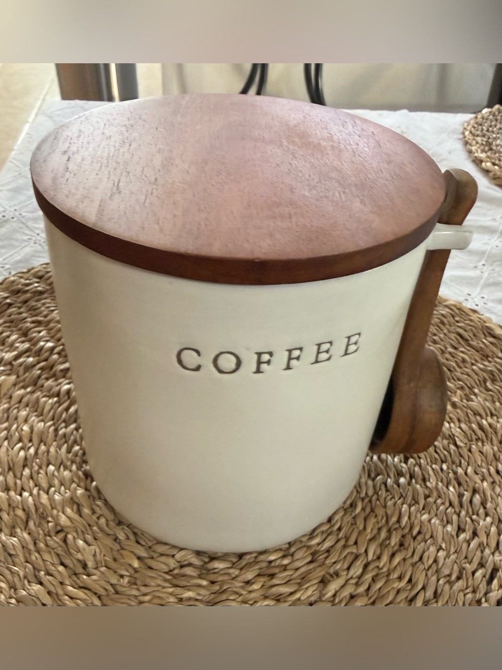 Hearth & Hand Cream Stoneware Coffee Canister with Brown Wooden Lid